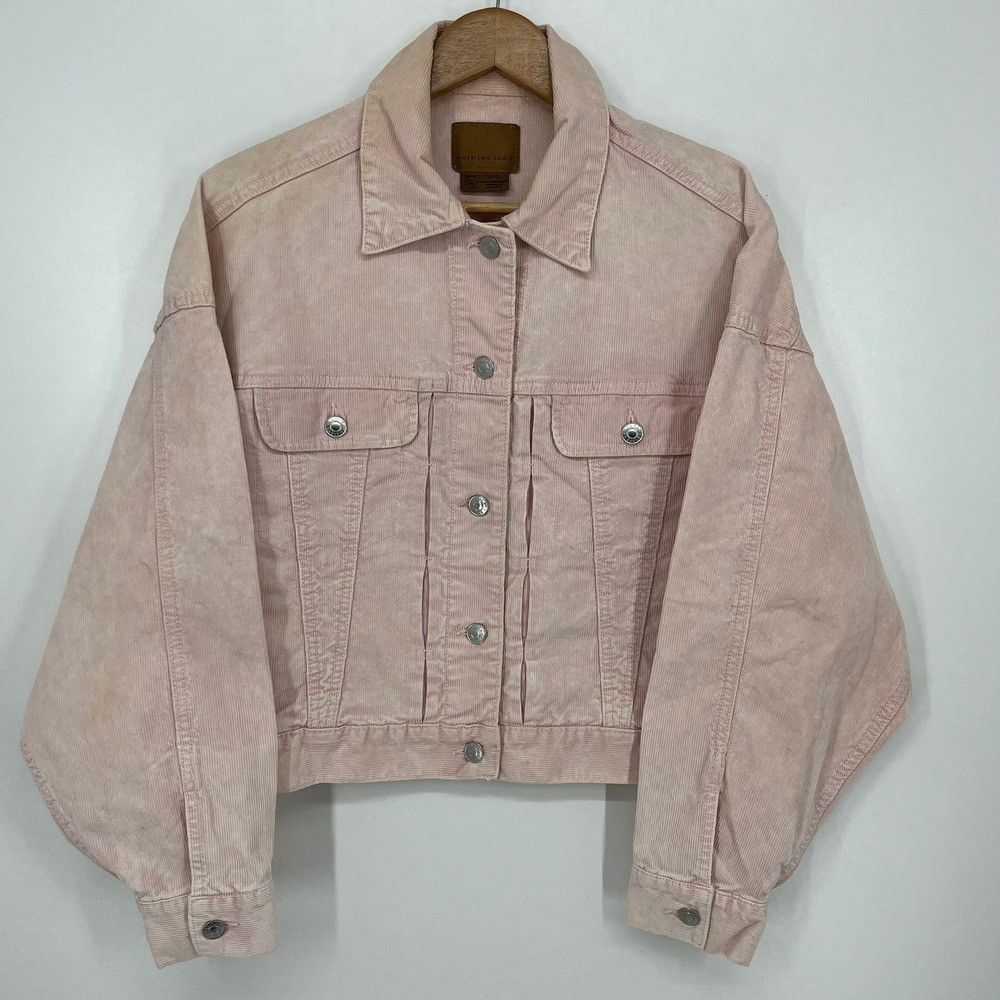 American Eagle Pink Corduroy Cropped Trucker Jacket Womens Small